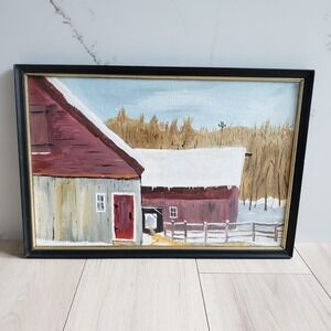 Original Folk Art Oil Painting Winter Barn Landscape Grumbacher Framed 19x13